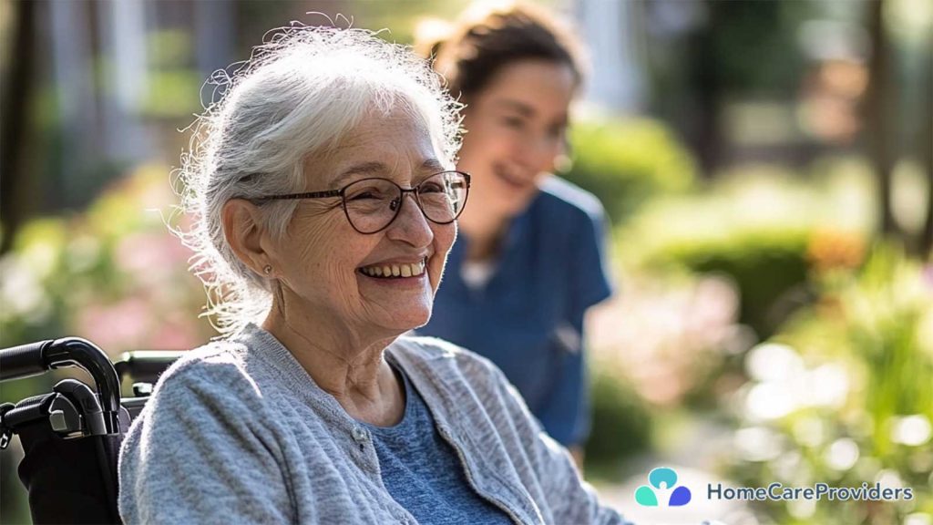 An elderly woman in a wheelchair shares a joyful moment with a young caregiver outdoors, highlighting the compassionate care provided by elder home care services.
