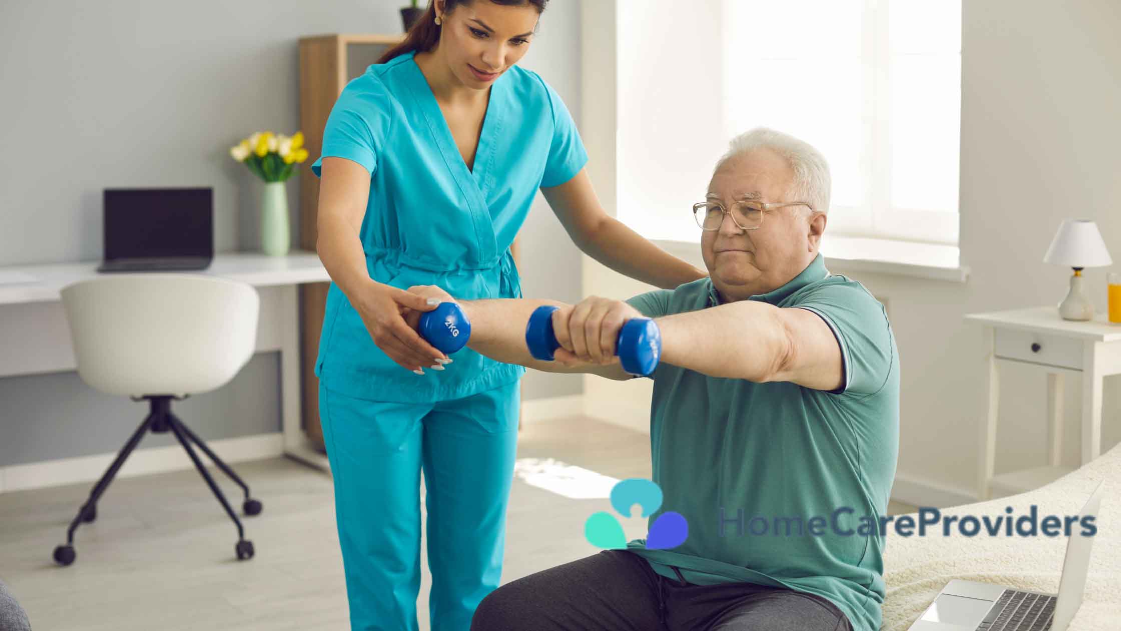 Nurse assisting an elderly man during a physical therapy session at home