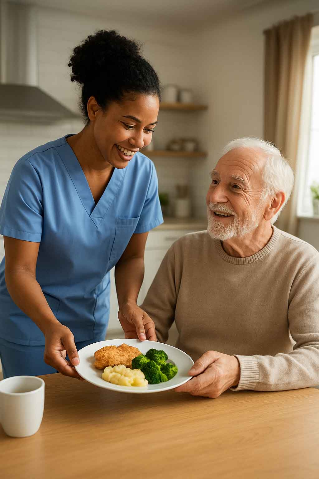 An elderly man sits at a table while a nurse assists him with his meal