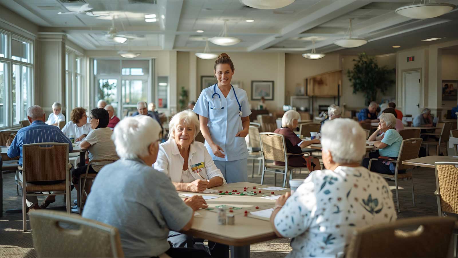 Residents enjoying a social activity in an assisted living community.