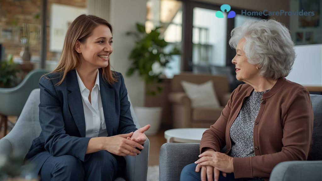 A consultation between a senior and a care team member about available support services.