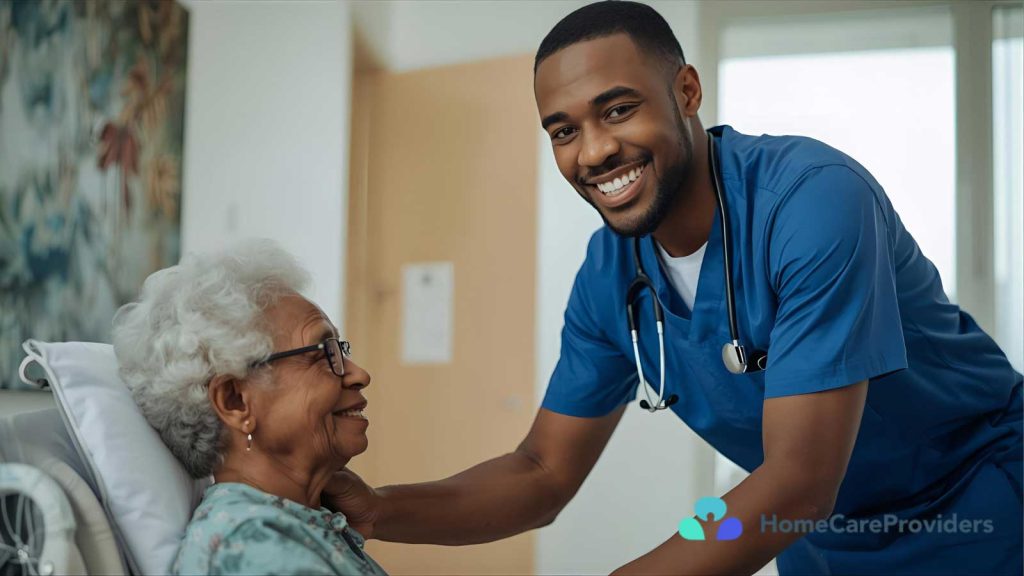 A professional caregiver offering personalized care to an elderly woman at home.