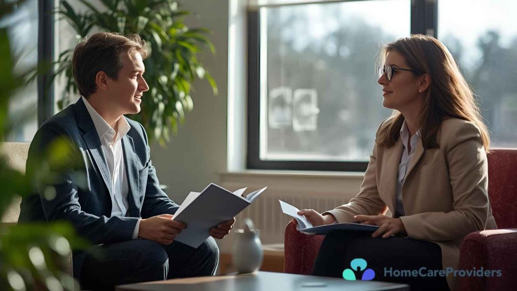 A consultation between an agency representative and a family member.