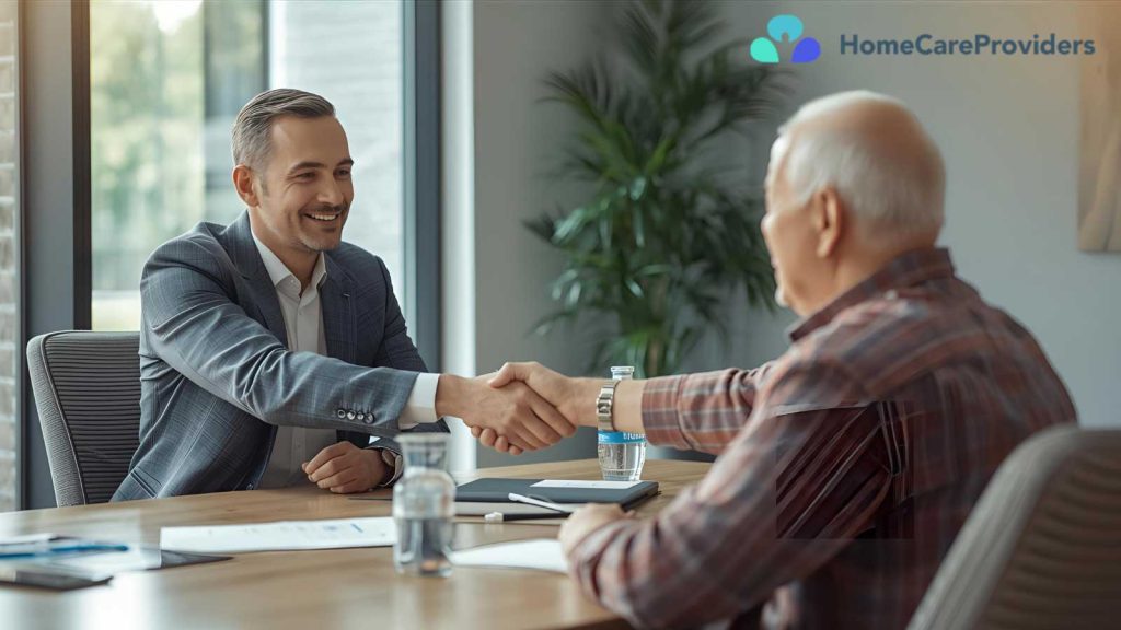 An elderly man and a geriatric care manager meet to discuss home care options.