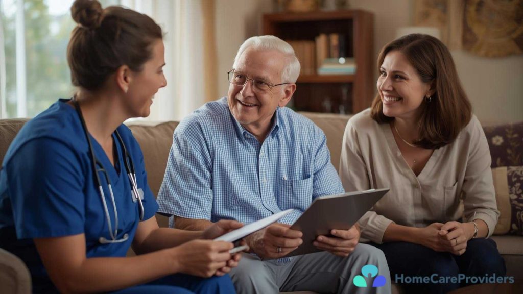 Home care professional discussing care options with an older man and his family in their living room.