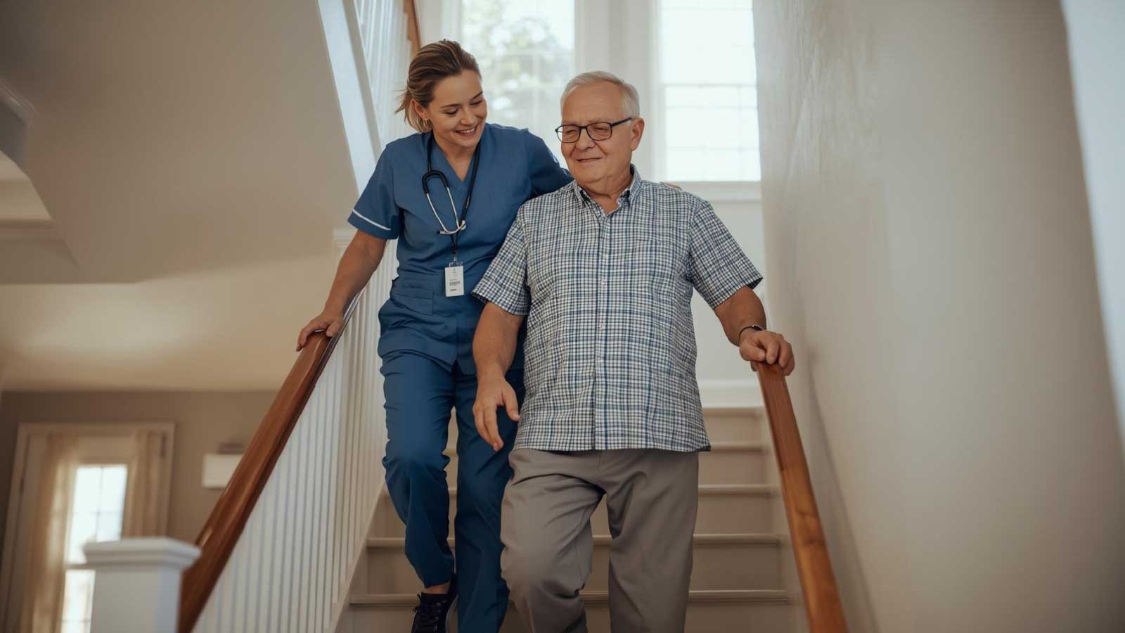 Home caregiver walking beside an older man as he carefully goes down the stairs.