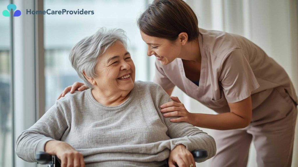 Professional caregiver assisting an elderly woman at home.