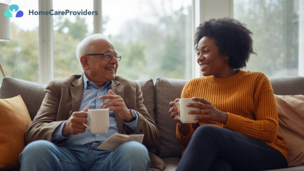 A senior man and a younger woman are having an engaging conversation with coffee cups in hand.