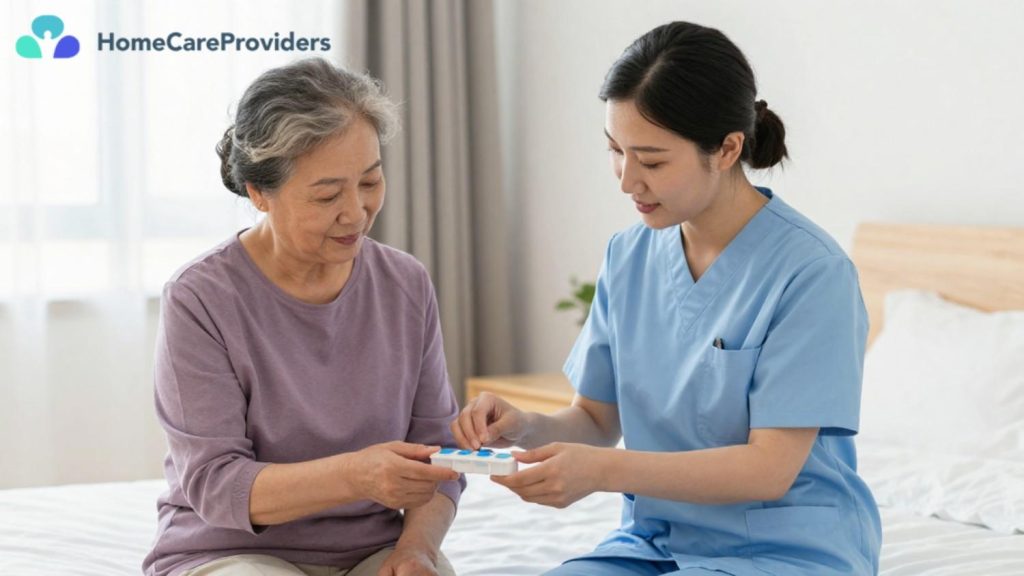 A caregiver assists an elderly woman with organizing her medications.